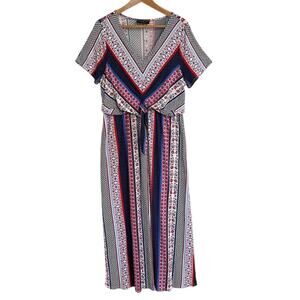 Lane Bryant Striped Mixed Print Tie Waist V-neck Midi Dress 18/20 Red Blue